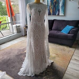 Lace Wedding Dress with Bateau Neck and Long Bell Sleeves